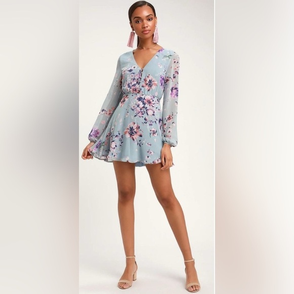 Lulu’s Always Yours Light Blue Floral Print Long Sleeve Skater Dress Size XL NWT - Picture 2 of 12